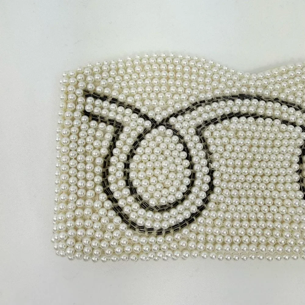 Vintage White Silver Pearl Beaded  Mini Clutch Bag